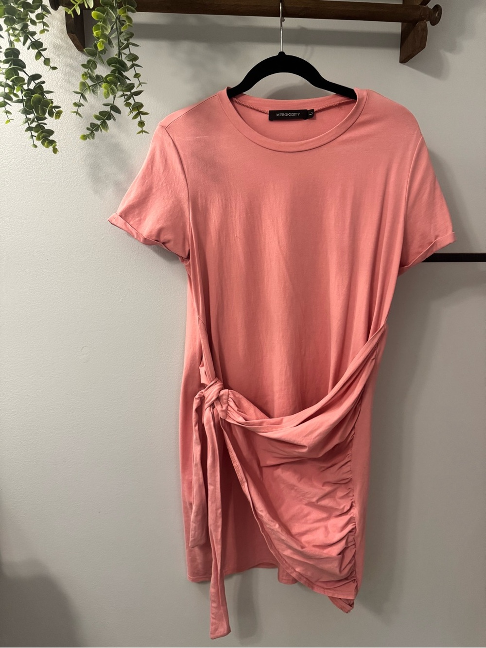 Merokeety Rose Pink Side-Tie Short Sleeve Tee Dress Stretchy Comfort Rayon